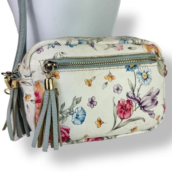 Firenze Italy Italian Handmade Hand Painted Floral Crossbody Bag White Leather - Picture 1 of 12